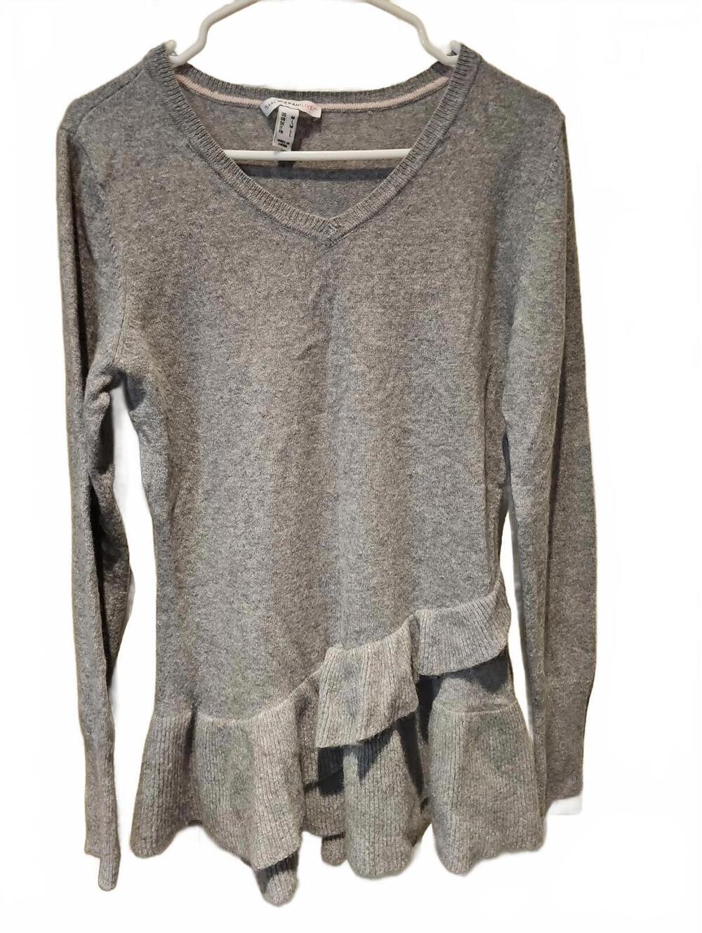 Isaac Mizrahi 100% Cashmere Ruffle Layer Gray Sweater Size M. NWOT